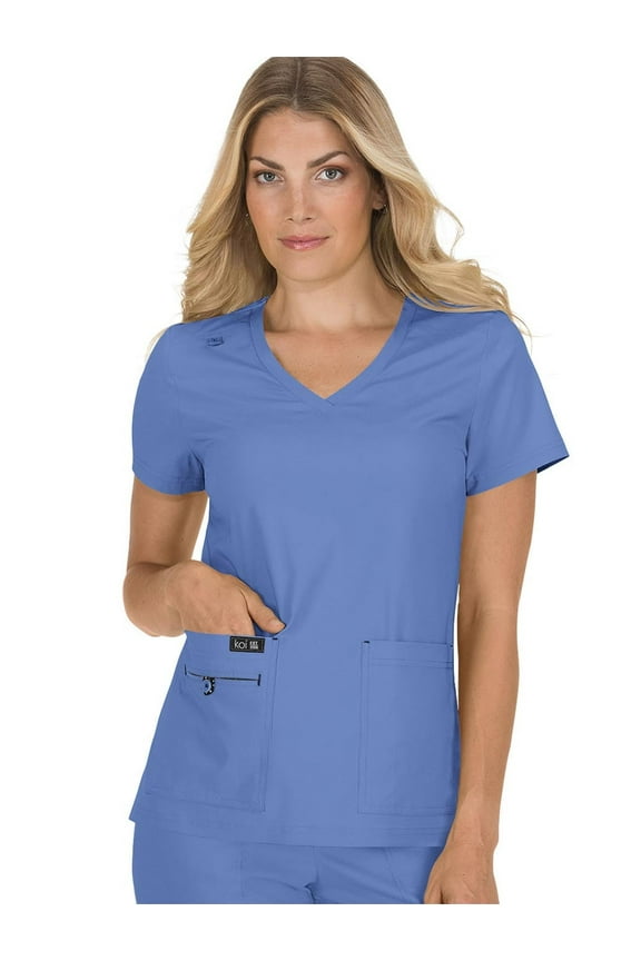 koi Basics Becca Women's 4-Pocket Stretch Scrub Top True Ceil XL