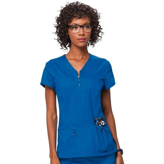koi women's stretch mackenzie figure-flattering zip-front scrub top, royal, 2x-large