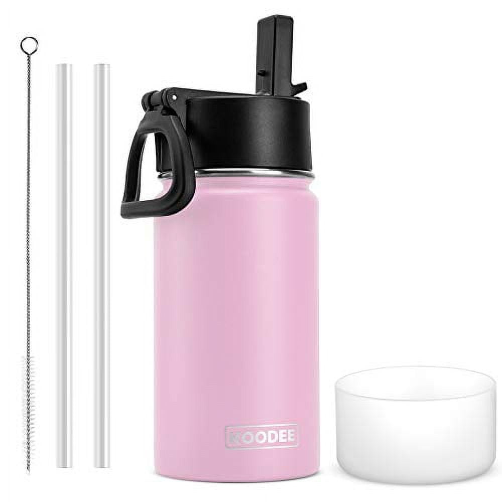 Koodee 12 oz Stainless Steel Water Bottle for Kids Double Wall Vacuum Insulated Wide Mouth Flask with Leak proof Straw Lid (Pink)