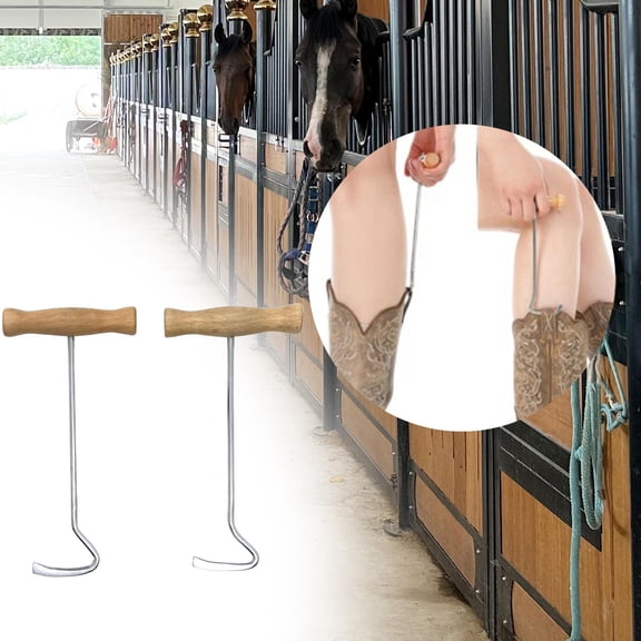 koolsoo 2 Pieces Boot Hooks Horse Riding Boot Pulls Stable Supplies Portable with Wood Handle Iron Hooks for Cowboy Boot Boot Pullers