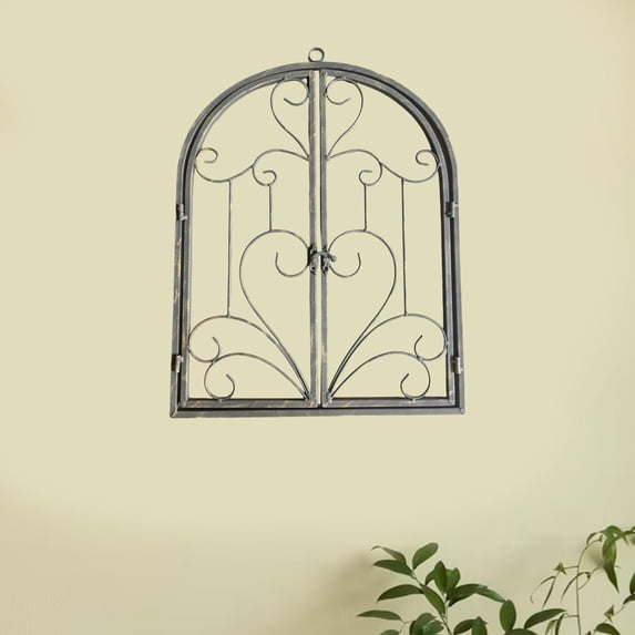 koolsoo Arched Window Frame Decor Metal Scroll Wall Decor for Garden Front Door Imitation Rust Color
