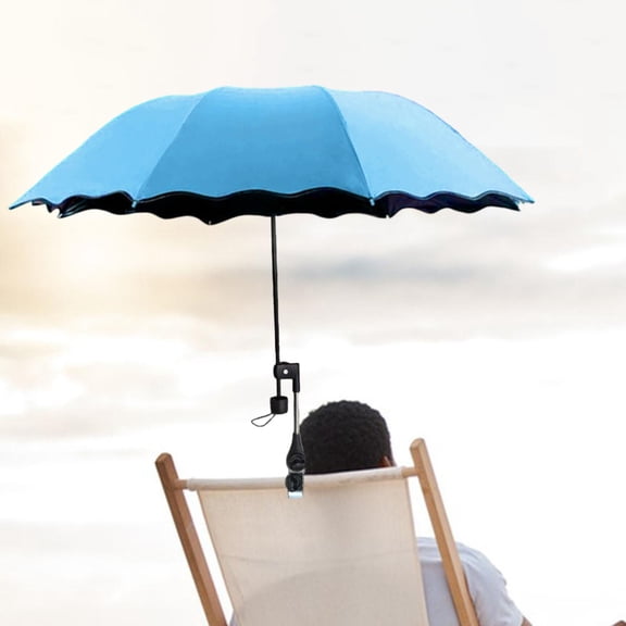 koolsoo Beach Umbrella with Adjustable Clamp Clip Umbrella Multipurpose Waterproof Three-fold Parasol for Garden Lawn Golf Cart Chair Blue