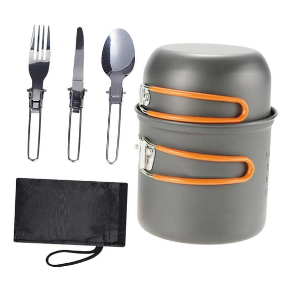 koolsoo Camping Cookware Mess Kit with Cutlery Compact Camping Pot and Pan Multifunctional for with Carry Bag Folding Handle Orange Handle