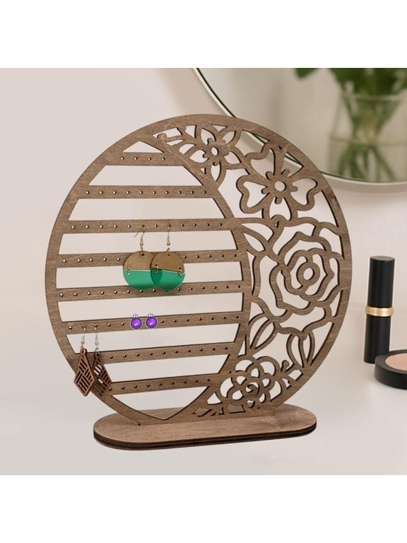 Earring Holder Multi Layer Wooden Jewelry Organizer Display Rack Tree Stand with Hollow Floral Pattern Rustic Wood Suitable for Women Gift Home Dresse Dark Wood Color