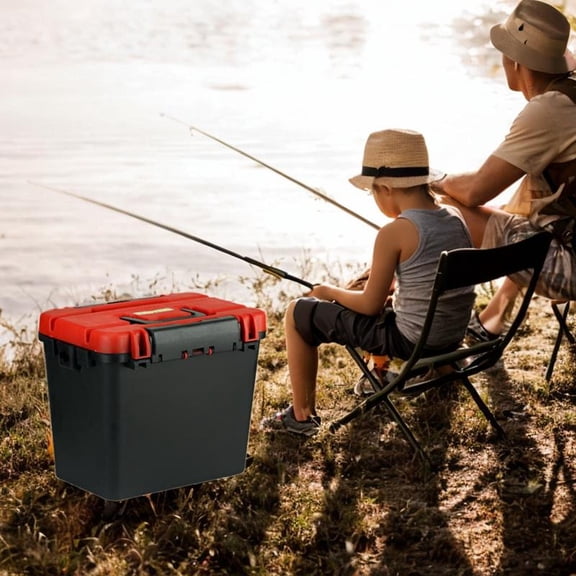 koolsoo Fishing Seat Box, Fishing Tackle Storage Box, Rock Fishing with Rod Holder Portable Water Resistant Seatbox, Lure Fishing Box Red Lid