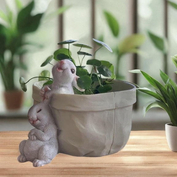 koolsoo Flower Pot Plant Pot with Bunny Statue Photo Prop Handmade Tabletop Ornament A