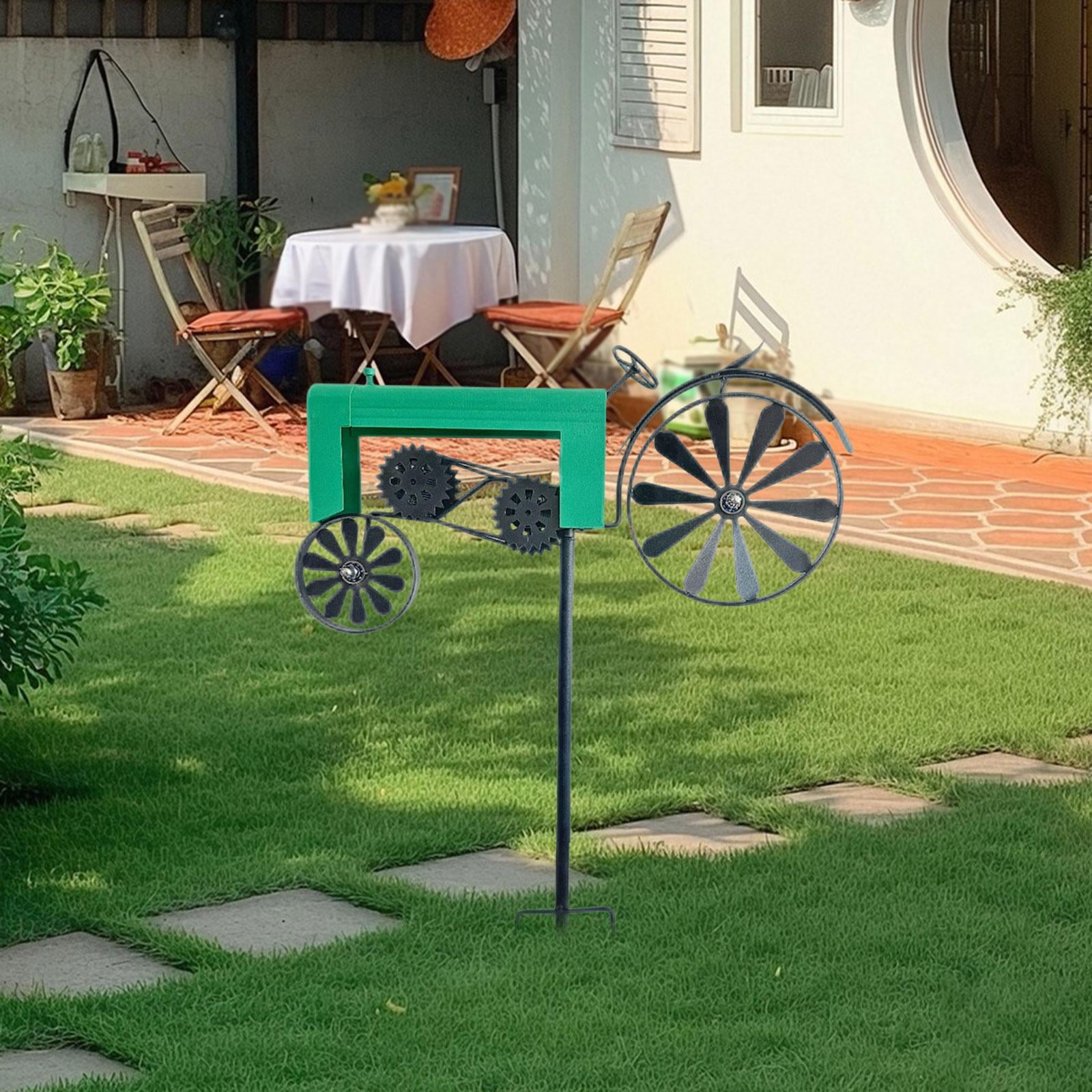 koolsoo Garden Tractor Windmill Ornament Iron Art Sculpture Vintage Tractor Wind Garden Stake for Home Yard Indoor Patio Path green