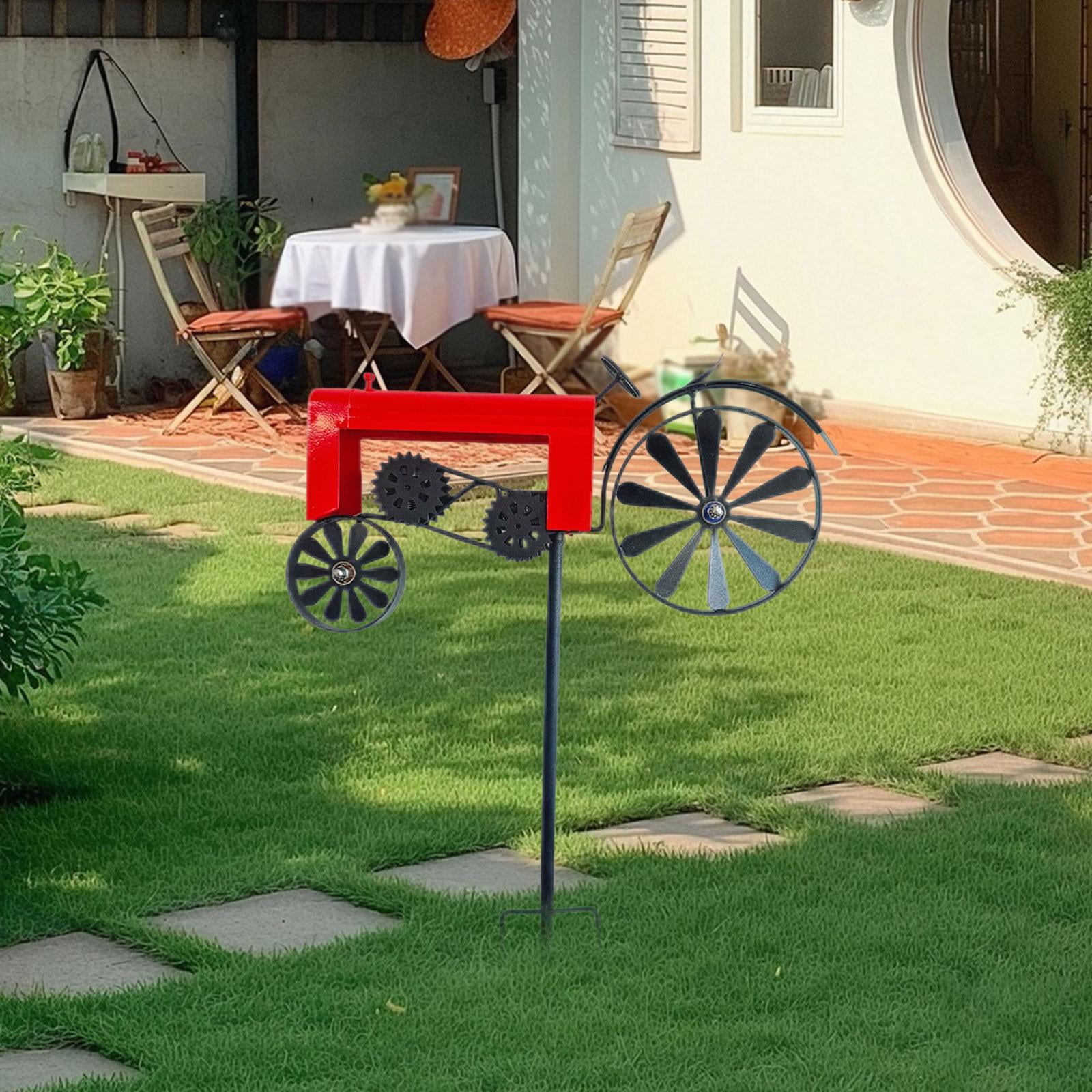 koolsoo Garden Tractor Windmill Ornament Iron Art Sculpture Vintage Tractor Wind Garden Stake for Home Yard Indoor Patio Path red