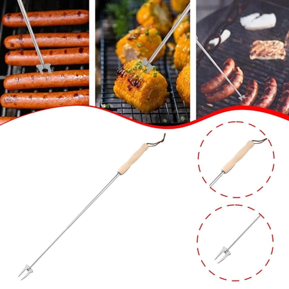 koolsoo Hot Dog Roasting Fork Barbecue Fork Telescopic Metal 32 inch Long Portable for Camping Wooden Handle Smores Roasting Skewer