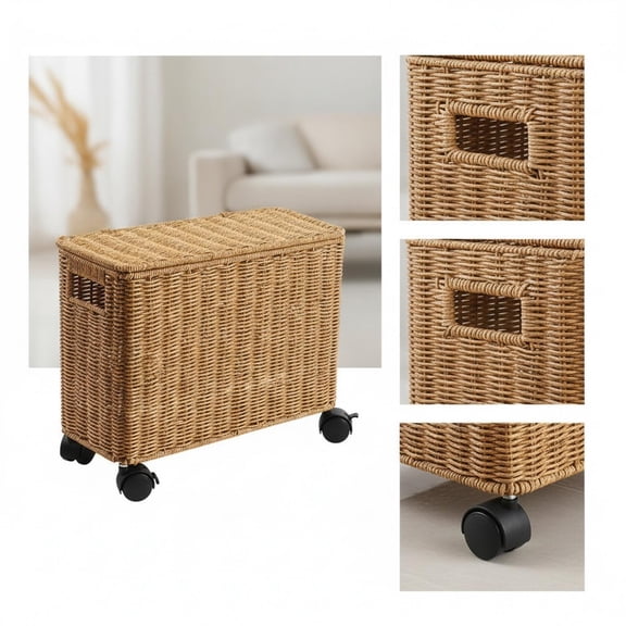 koolsoo Storage Box Wicker Bin Rolling Basket Rattan Style Plastic with Lid and Wheels for Living Room Bedroom Narrow Spaces
