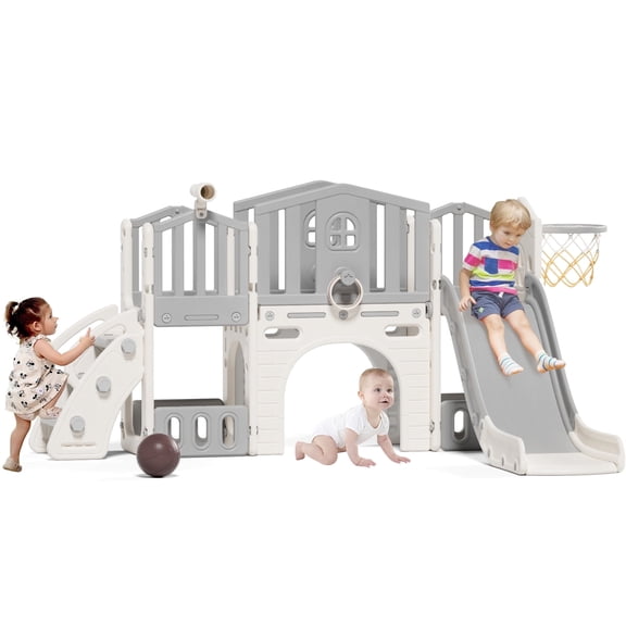 KORIMEFA 9-in-1 Kids Slide Set for Toddlers Age 1+, Indoor Outdoor Playground for Toddlers, Backyard Climber Slide with Basketball Hoop and Ball, Gray