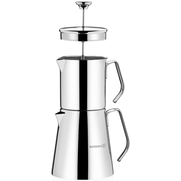 korkmaz A225  Turkish Teapot Set,18/10 Stainless Steel Double French Press Teapot Set with Metal Handles, Samovar Style Tea Kettle with 30 Oz (900ml) & 50 Oz (1500ml)