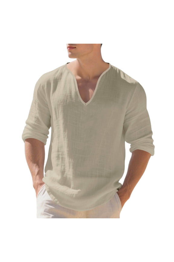 Big V-Neck Crinkle Linen Three-Quarter Sleeve Shirt, Natural Breath Linen Fabric for Coastal Shore Trips Yellow XXL