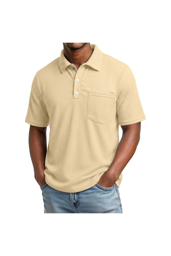 Chest-Pocket Collar Waffle Short-Sleeve Collared, Soft Pique Fabric for Weekend Mall Shopping Beige S