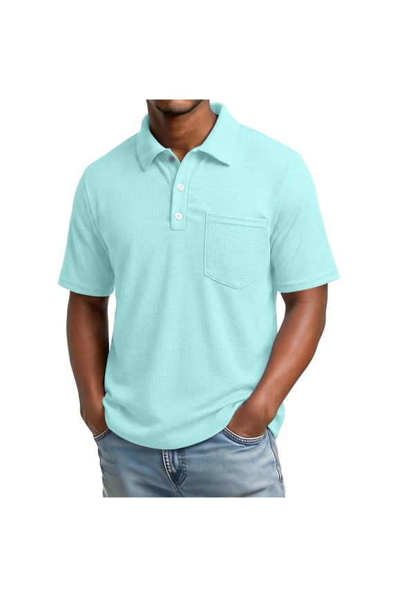 Chest-Pocket Collar Waffle Short-Sleeve Collared, Soft Pique Fabric for Weekend Mall Shopping Green S