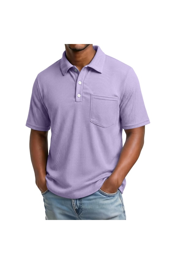 Chest-Pocket Collar Waffle Short-Sleeve Collared, Soft Pique Fabric for Weekend Mall Shopping Purple S