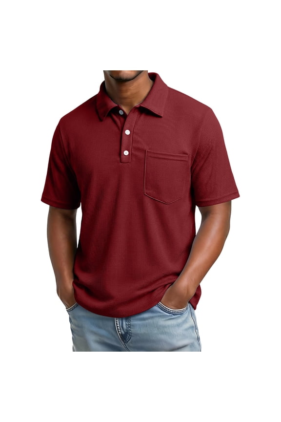 Chest-Pocket Collar Waffle Short-Sleeve Collared, Soft Pique Fabric for Weekend Mall Shopping Red S