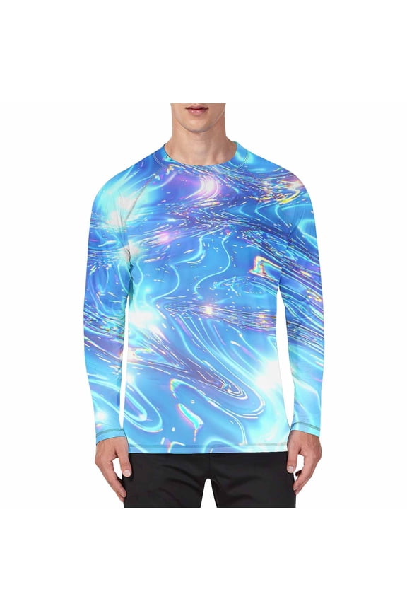 Crew Neck Raglan Rainbow Iridescent Fluid-Wave Print Top, Long-Sleeve Lightweight Sun-Shield Pullover for Sand Beach Relaxation Blue M