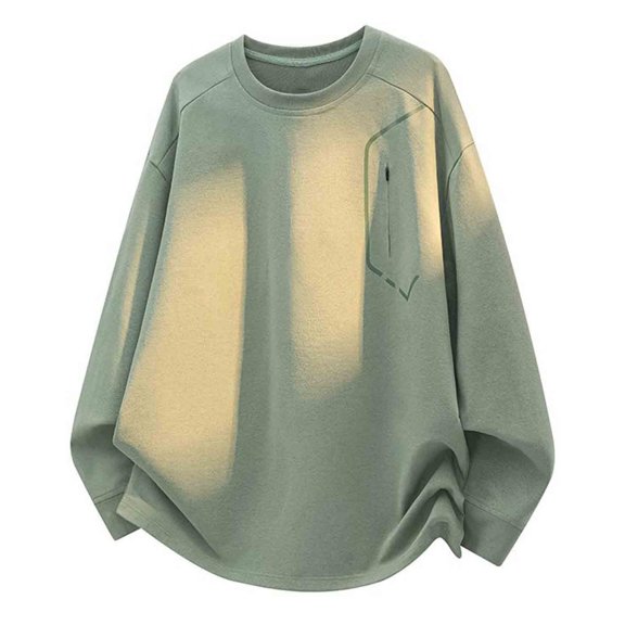 kosheko Crew Neck Stitched Fake-Pocket Drop-Shoulder Long-Sleeve Top, Drape Smooth Fabric for Afternoon Caf茅 Meetups Green XXXL