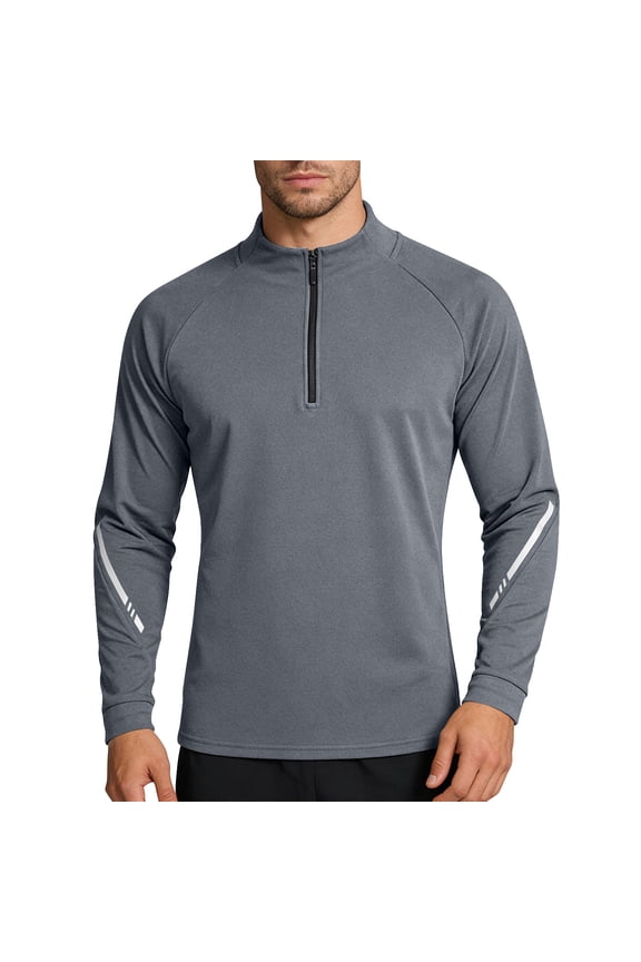Half-Zip Stand Collar Reflect-Sleeve Raglan Top, Stretch Brushed Fabric for Mountain Day Hiking Gray L