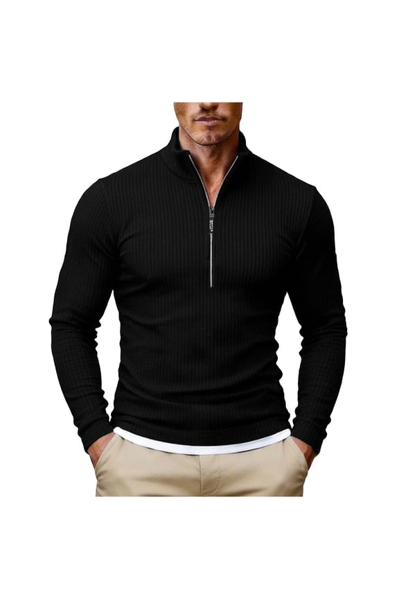 Half-Zip Stand Collar Solid Rib-Knit Pullover, Smooth Textured Knit Fabric for Short Weekend Trips Black XXXL