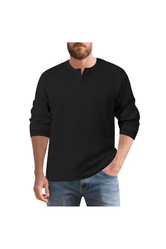 Henley Notch V Quilt Textured Long-Sleeve Tee, Thin Airy Woven Fabric for Neighborhood Casual Gathers Black S