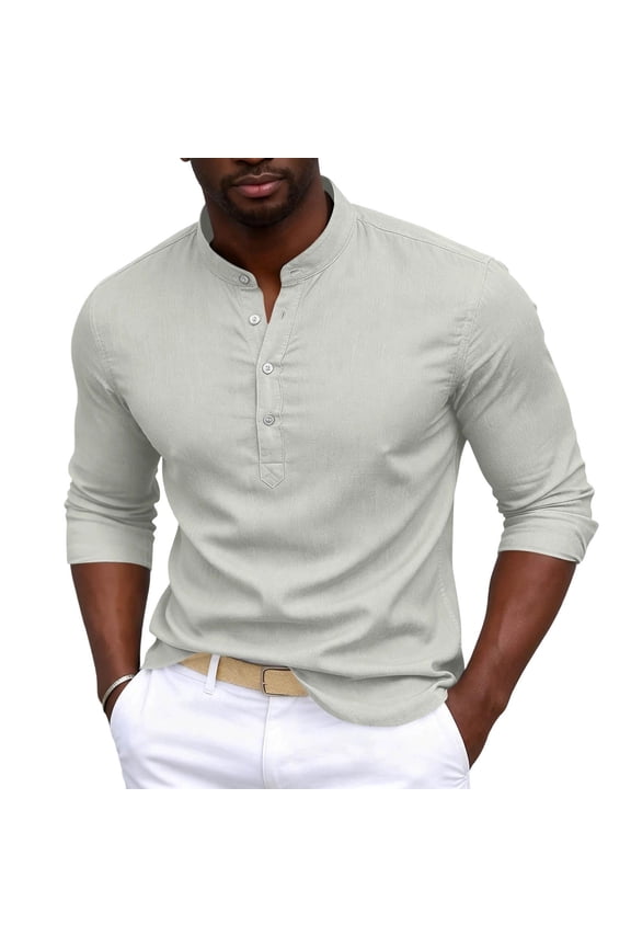 Mandarin Collar Henley Partial Placket Three-Quarter Sleeve Linen Shirt, Drop-Shoulder Loose Cut for Small Town Downtown Strolls Gray S