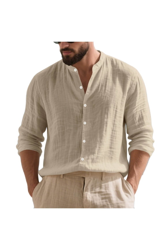 Mandarin Collar Solid Crinkle Linen Shirt, Natural Airy Linen Fabric for Warm Beach Vacations Yellow S