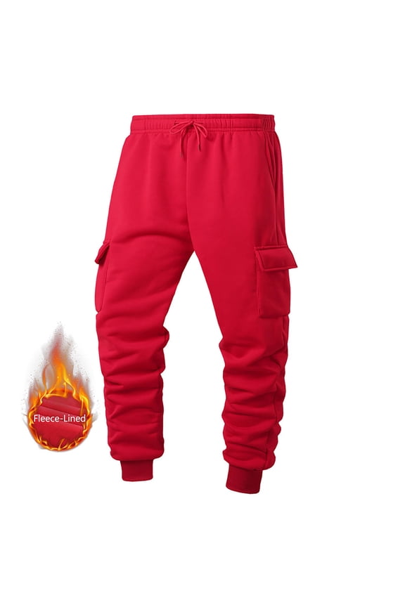 Men Padded Sweatpants Winter Fluffy Plush Fleece Lined Jogger Cargo Pants Workout Gym Sports Trousers with Drawstring Red S