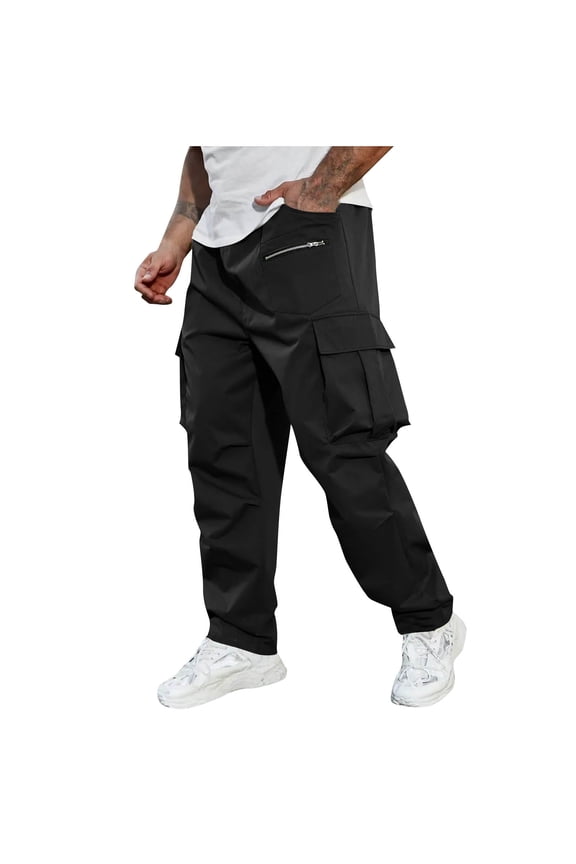 Men's Back-Zip Multi-Side Straight Cargo Pants with Drawstring-Waist & Oversized Storage Slots for Field Tasks Black XL