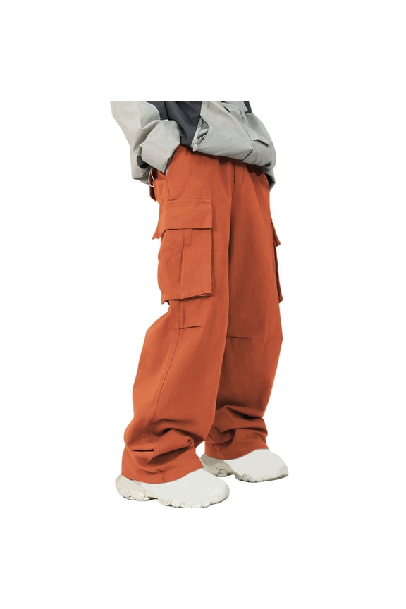 Men's Baggy Cargo Pants Streetwear Parachute Trousers–Durable Polyester Work Pants with Multi Pockets Loose Fit Orange L
