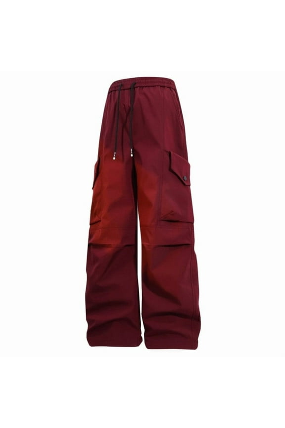 Men's Baggy Pants Casual Beach Loose Trousers Business Casual Wide Leg Pants Patch Pocket Design Working Trouser Red L