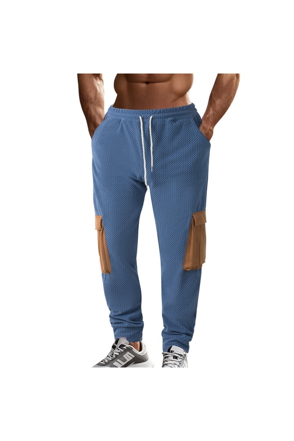 Men’s Black Khaki Herringbone Cuffed Knit Cargo Sweat Pants with Dual Thick Cord Waistband & Single Flap Slot for City Commutes Blue S