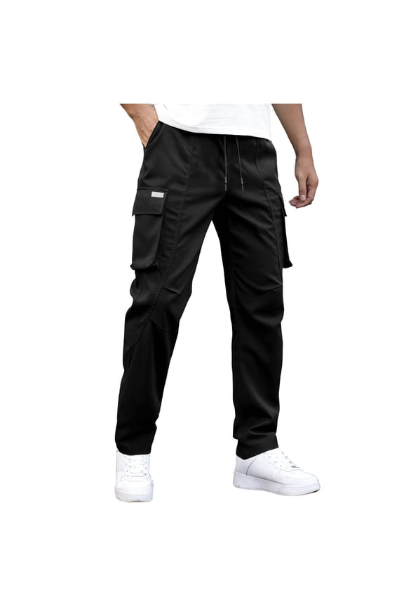 Men’s Black Multi-Patch Quick-Dry Techwear Cargo Trousers with Drawstring-Waist & Dual Tiered Flap Slots for Urban Field Labor Black M