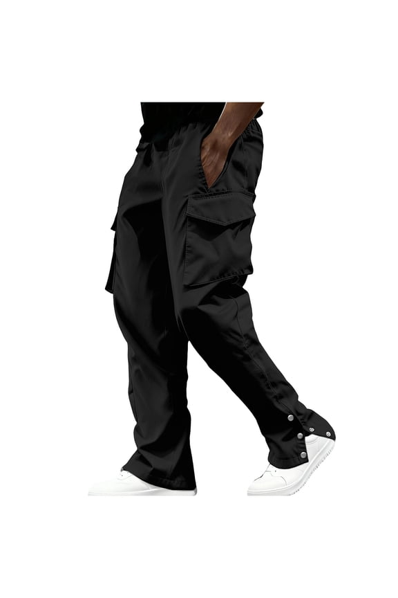Men’s Black Side Snap Flared Cargo Trousers with Pleated Wide Elastic-Waist & Tiered 3D Flap Slots for Rural Getaways Black XXXL