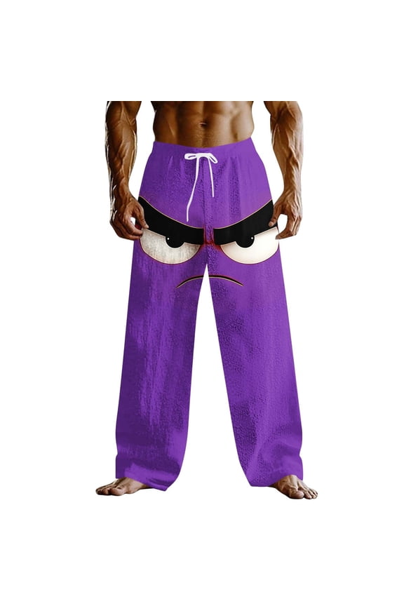 Men's Cartoon Frowning Angry Print Casual Pants, Elastic Waist Drawstring, Loose Fit for bold street trends Purple M