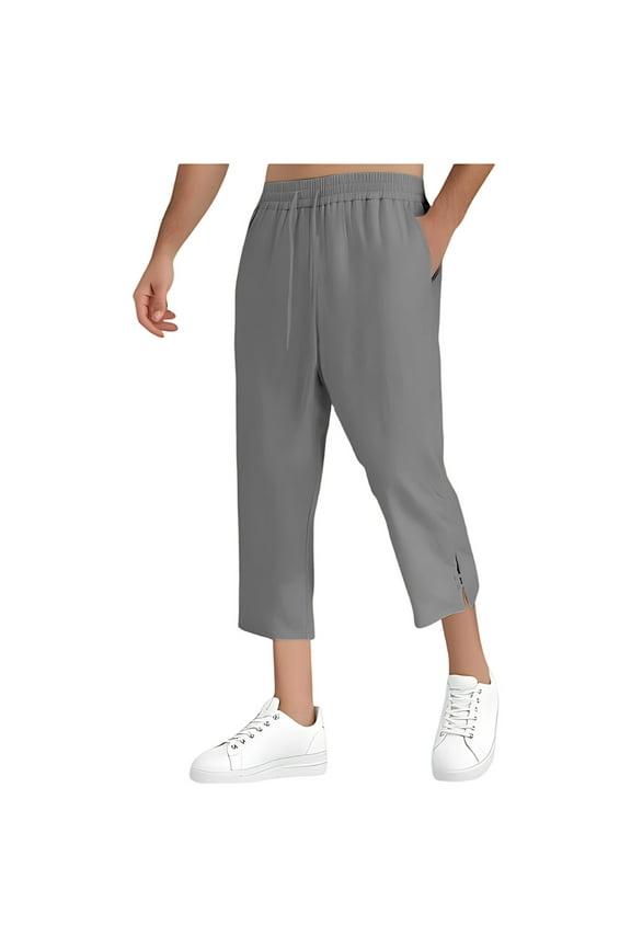Men's Casual Capri Pants Elastic Waist Solid Color 3/4 Wide Leg Summer Trousers with Pockets Gray M