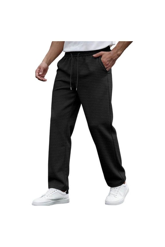 Men's Checkered Straight-Leg Pants, Elastic-Drawstring Waist with Woven Patterns for Daily Errands Black S