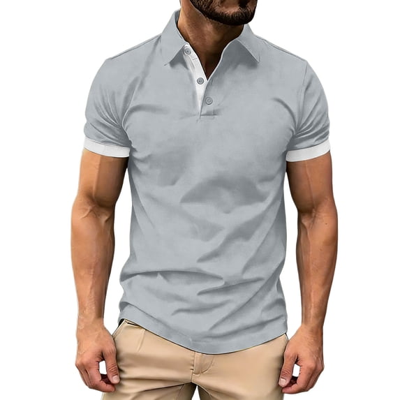 kosheko Men's Contrast Cuff Collared Shirt, Three Button Placket Design, Slim Fit for casual daily outing Gray XS
