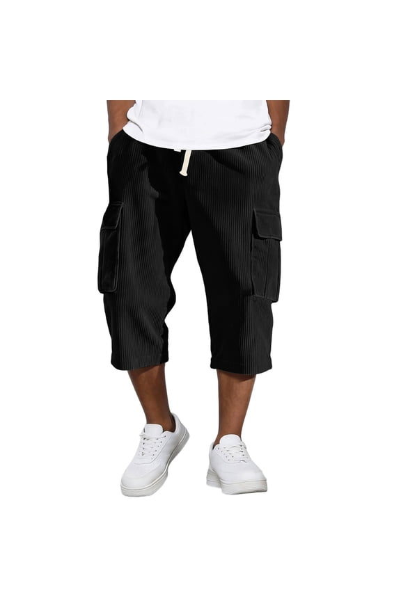 Men's Corduroy Cropped Cargo Pants, Elastic-Drawstring Waist with Side Pockets for Vintage Casual Wear Black M
