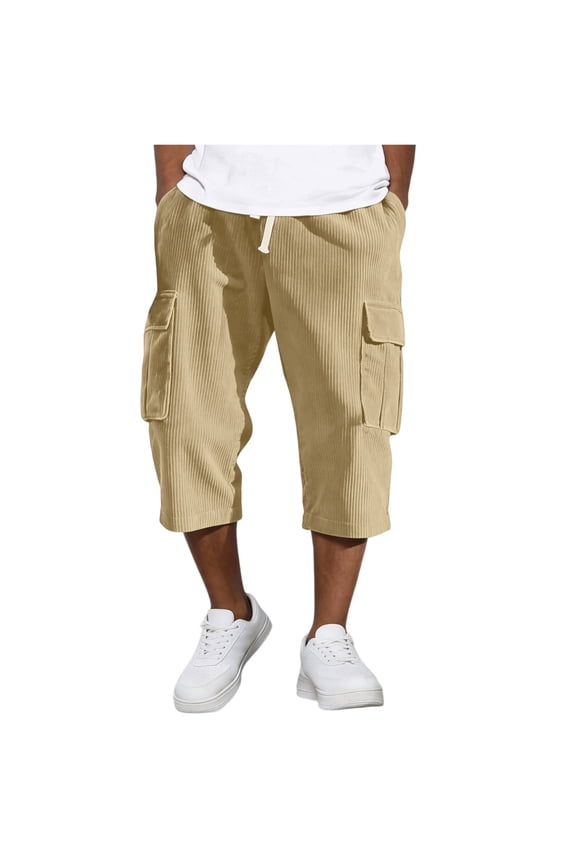 Men's Corduroy Cropped Cargo Pants, Elastic-Drawstring Waist with Side Pockets for Vintage Casual Wear Yellow M