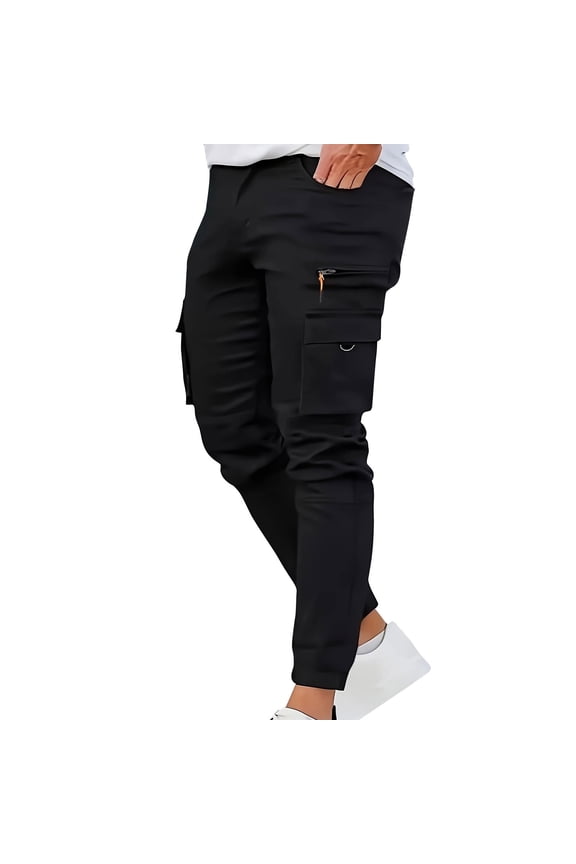 Men’s Cuffed Multi-Pocket Cargo Jogger Pants with Zip-Flap Tiered Pockets & Thick Cord Waist for City Commutes Black XXL