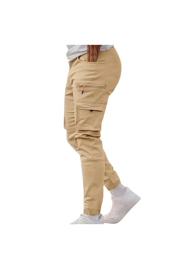 Men’s Cuffed Multi-Pocket Cargo Jogger Pants with Zip-Flap Tiered Pockets & Thick Cord Waist for City Commutes Yellow L