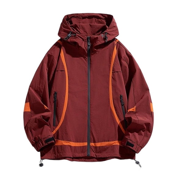 kosheko Men’s Curved Seam Oversized Wind Shell, Dual Zip Pockets, Drawstring Hem for Shaded Forest Walks Red L