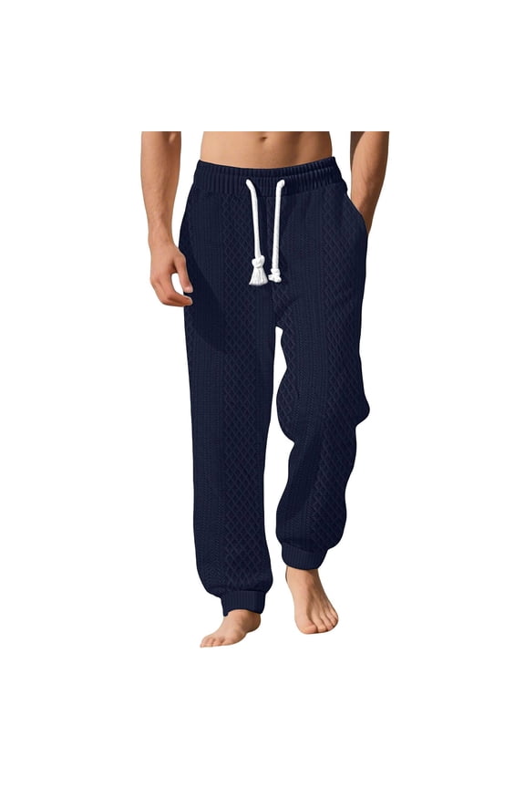 Men's Diamond-Knit White-Tassel Drawstring Tapered Sweat Pants with Ribbed Elastic Cuffs & Deep Side Slip Pockets for Beach Breaks Blue S
