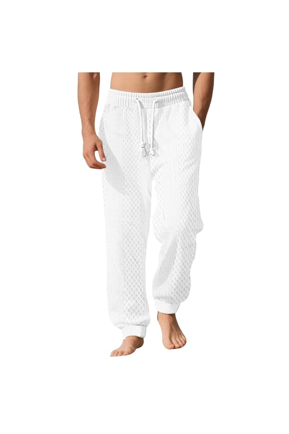 Men's Diamond-Knit White-Tassel Drawstring Tapered Sweat Pants with Ribbed Elastic Cuffs & Deep Side Slip Pockets for Beach Breaks White L