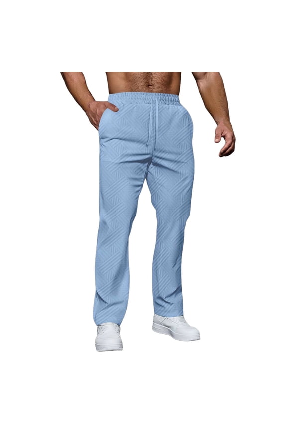 Men’s Diamond-Textured Straight Trousers with Single-Layer Drawstring-Waist & Symmetric Slip Pockets for Cafe Runs Blue XXL