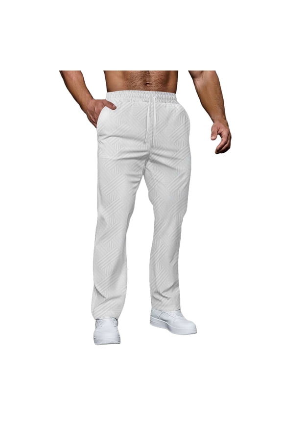Men’s Diamond-Textured Straight Trousers with Single-Layer Drawstring-Waist & Symmetric Slip Pockets for Cafe Runs White M