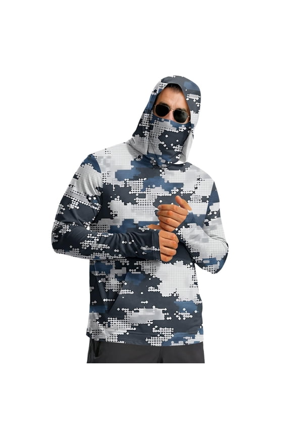 Men's Dot Navy Pixel Camo Balaclava Hoodie with Kangaroo Pouch, Stretch Sun-Block Long-Sleeve, Light Weave for Bay Casting Multicolor S