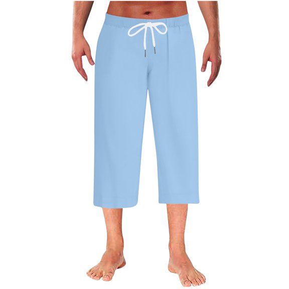 kosheko Men's Drawstring Basic Capri Loungewear Pants with Single Tie Cords & Flat Side Storage Pockets for Beach Wanders Blue XL